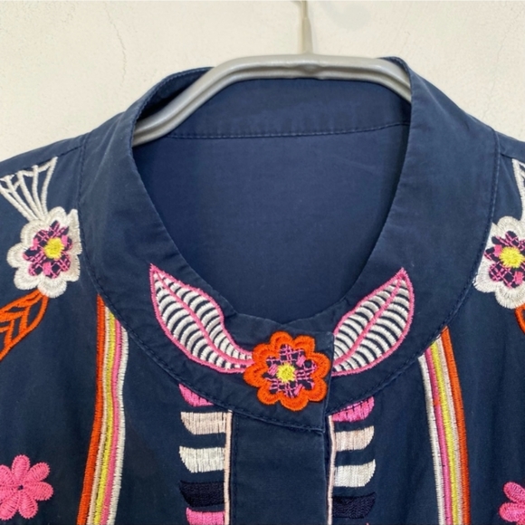 Prada Embroidered Peasant Blouse Floral Crochet 100% Cotton Navy Blue Colorful S - Picture 10 of 13